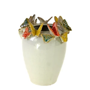 Vase w. butterflies, S, white, 14x17.7 cm